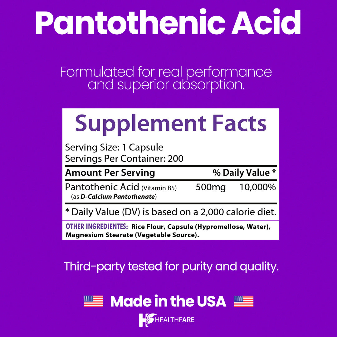 Pantothenic Acid (Vitamin B5) - 500mg 200 Capsules